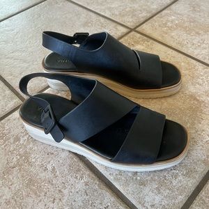Vince black wedge sling back sandals with buckle, size 8